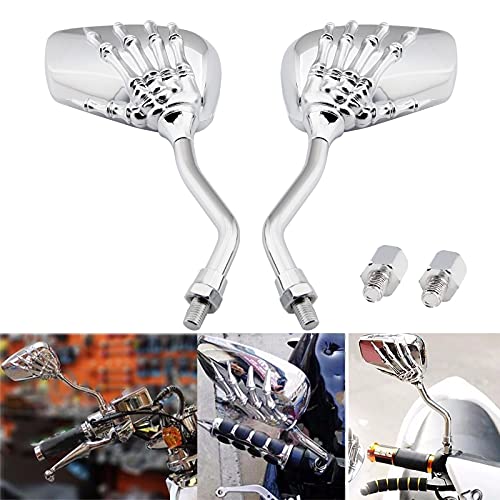 Chrome 8mm/10mm Motorcycle Skull Skeleton Rearview Side Mirrors Compatible with Honda Yamaha Kawasaki Suzuki Aprilia