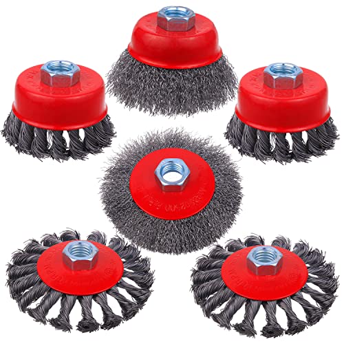 Rocaris 6 Pack Wire Wheel Cup Brush, 3 & 4 Inch Twisted Knotted & Coarse Crimped Cup Brush for Angle Grinders, 5/8 -11 Inch Threaded Arbor