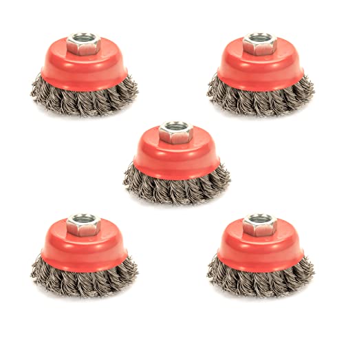 AUPREX 5 Pack Knotted Wire Cup Brush for Angle Grinders with 5/8 Inch | 11 UNC Threaded Arbor- 0.02 Inch Carbon Steel Wire for Rust,Corrosion,Paint Removal and Other Heavy-Duty Conditioning for Metals