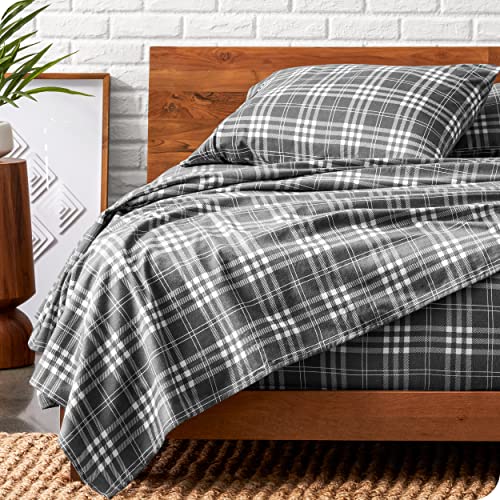Bare Home Flannel Sheet Set Prints, 100% Cotton, Velvety Soft Heavyweight - Double Brushed Flannel for Extra Softness & Comfort - Deep Pocket - Bed Sheets (Twin XL, Stirling Plaid - Grey/White)