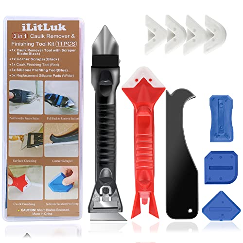 Caulking Tool Kit Caulk Remover Scraper & Smoother Silicone Sealant Finishing Tools w/Storage Box Stainless Steel Head Sealer Grout Removal Tool Angle Scraper Trowel for Window Tile Siding Sink Joint