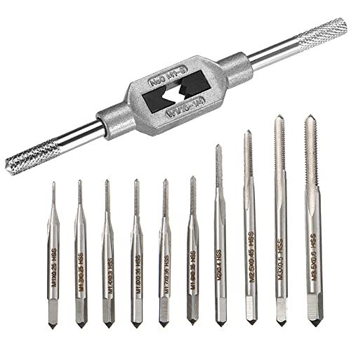 Saipe 10pcs Micro Taps Bit Small Hand Screw Thread Taps M1-M3.5 HSS Mini Metric Plug Tap Screw Tap Drill Tap Drill Set Tapping tool with Adjustable Tap Wrench 1/16-1/4''