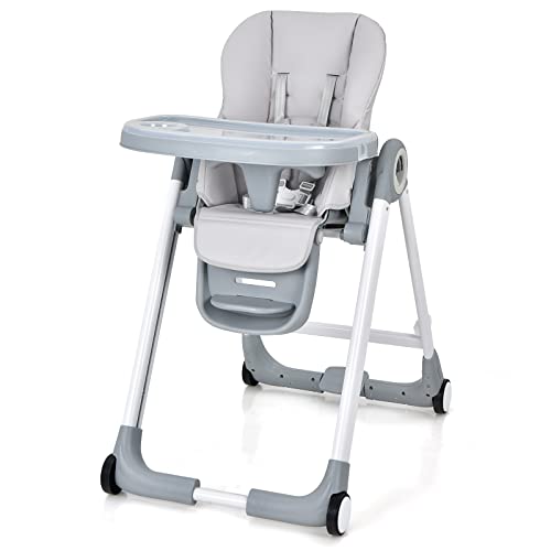 BABY JOY Baby High Chair, Folding Highchair w/ 4 Wheels, One-Step Brake, Removable Double Trays, Detachable PU, Flip-up Armrests, Adjustable Height, Backrest & Footrest for Infants & Toddlers (Gray)