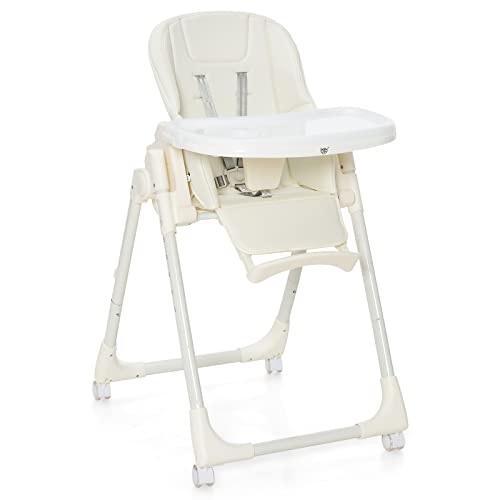 BABY JOY High Chair for Babies & Toddlers, Foldable Highchair with Adjustable Backrest, Footrest and Height, Removable Tray, Detachable Seat Cushion, 4 Lockable Wheels (Beige)