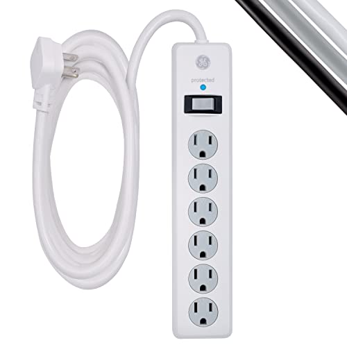 GE 6-Outlet Surge Protector, 10 Ft Extension Cord, Power Strip, 800 Joules, Flat Plug, Twist-to-Close Safety Covers, UL Listed, White, 14092