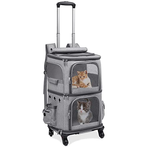 HOVONO Double-Compartment Pet Carrier Backpack with Wheels for Small Cats and Dogs, Cat Rolling Carrier for 2 Cats, Perfect for Traveling / Taking a Walk / Trips to The Vet, Grey