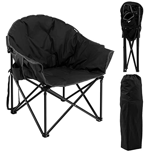 Tangkula Oversized Camping Chair, Outdoor Padded Folding Chair with Cup Holder, Moon Round Saucer Club Chair, Outside Foldable Camp Chair with Carry Bag for Picnic, Fishing, Hiking, Beach (1, Black)