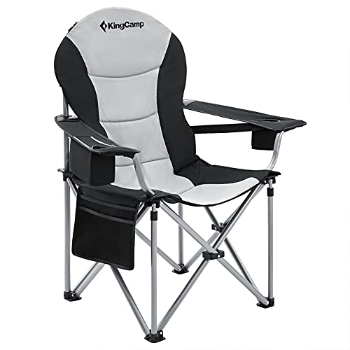 KingCamp Lumbar Back Padded Oversized Folding Camping Chair with Cooler Bag Armrest and Cup Holder, Heavy Duty Supports 350 Lbs for Fishing Sports Picnic,Oxford, Black/MediumGrey