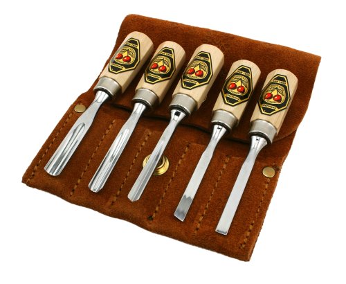 Two Cherries 515-8575 5-Piece Small Wood Carving Tool Set with Leather Pouch