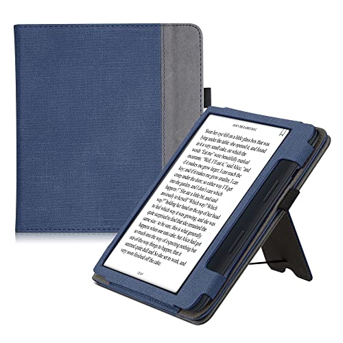 kwmobile Case Compatible with Kobo Sage - PU Leather Synthetic Suede Cover with Magnetic Closure, Kickstand, Hand Strap, Card Slot - Dark Blue/Grey