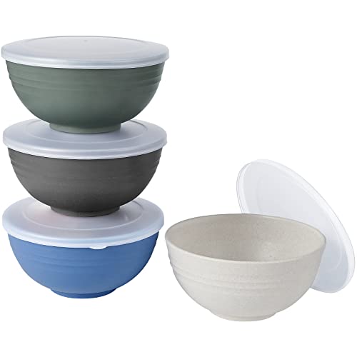 shopwithgreen Wheat Plastic Cereal Bowls with Lid, Resuable Bowls for Kitchen, Set of 4, Microwave and Dishwasher Safe, for Soup, Oatmeal, Ramen, RV, Camping, Kids, College Dorm Room, 24 OZ, Coastal