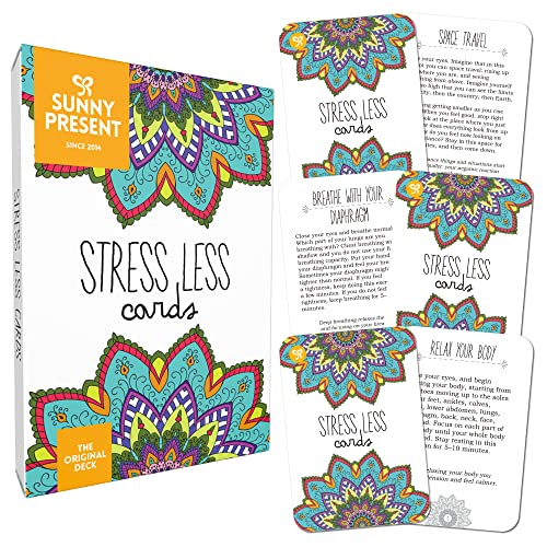Sunny Present Stress Less Cards - 50 Mindfulness & Meditation Exercises - Helps Relieve Stress and Anxiety - The Original Deck