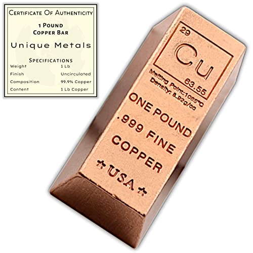 1 Pound Copper Bar Ingot Paperweight - 999 Pure Chemistry Element Design with Certificate of Authenticity by Unique Metals