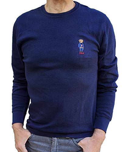Polo Ralph Lauren Men's Waffle Knit Crew Neck Thermal Sleepware Shirt with Polo Bear Logo (Large, Navy/Jean Jacket Bear)