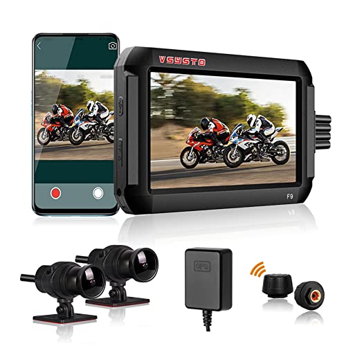 VSYSTO F9D 2 Channel Motorcycle Video Recorder Dashboard Camera Front and Rear View 4.0'' LCD 1080P 150 Wide Angle Waterproof Lens, WiFi App Voltmeter Parking Mode TPMS GPS Enabled