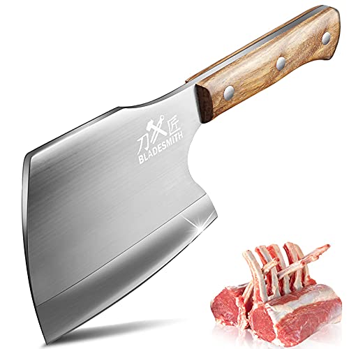 BLADESMITH Meat Cleaver Butcher Axe Bone Chopper Heavy Duty - 6.3'' Bone Cutting Knife Bone Breaker, Stainless Steel Thicken Blade & Pear Wood Handle, for Kitchen/Slaughterhouse Looks Manly