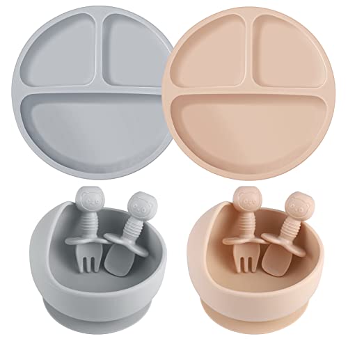 8 Pack Silicone Baby Feeding Set 2 Pack Divided Suction Plate 2 Pack Suction Bowl with 2 Forks 2 Spoons, Baby Led Weaning Supplies Baby Dishes Set Infant Self Feeding Eating Utensils