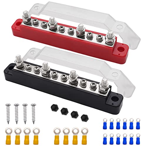 Seamaka (Red+Black) Power Distribution Terminal Block with Cover with 4 x 1/4"(M6) Terminal Studs,6 x M4 Terminal Screws,Battery Bus Bar with Ring Terminals for Car Boat Marine O-038-10-B