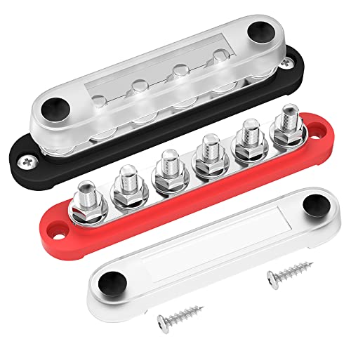 DaierTek 12V Bus Bar 6 x 5/16" (M8) Terminal Studs 12 Volt Power Distribution Block with Cover Battery Bus Bar 12V - 48V Positive & Negative for Automotive Car Boat Solar System