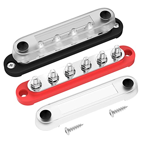 DaierTek Marine Bus Bar 12V 6 x 1/4" (M6) Terminal Studs 12V Bus Bar Terminal Block with Cover Max 300V AC 48V DC Positive & Negative Battery Power Distribution Block for Automotive Car Boat