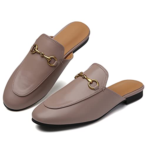 Minorsu Buckle Mules for Women Flats Khaki Round Toe Mule Backless Slides Slip On Loafer Shoes