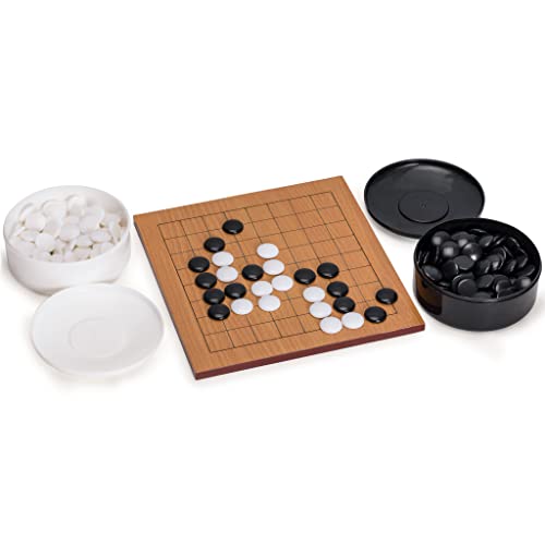 Yellow Mountain Imports Beechwood Veneer 0.4-Inch Etched Beginner's 9x9 Go Game Set Board with Single Convex Melamine Stones - Classic Strategy Board Game (Baduk/Weiqi)