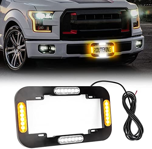 ROUTEKING 13.5" 24 LED License Plate Strobe Lights Waterproof License Frame Light Amber White Warning Lights for Front/Rear License Plate Decor Emergency Safety Light for Vehicles Cars Trucks, 12V