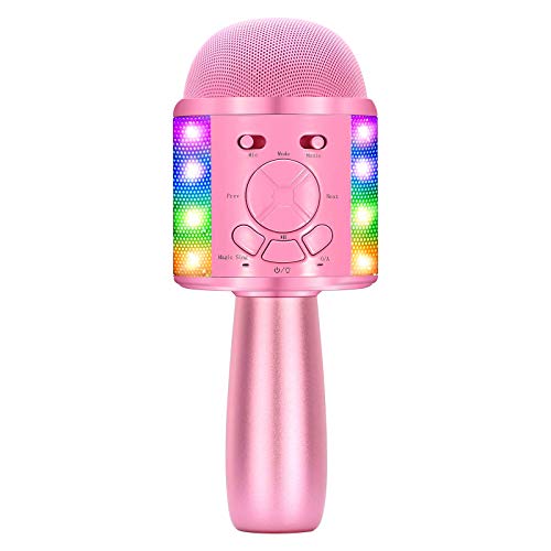 BONAOK Karaoke Microphone for Kids, Portable Wireless Bluetooth Singing Mic with Flashing Lights & Magic Voices, Fun Toy for Girls and Boys Home Party Birthday Christmas V07(Pink)