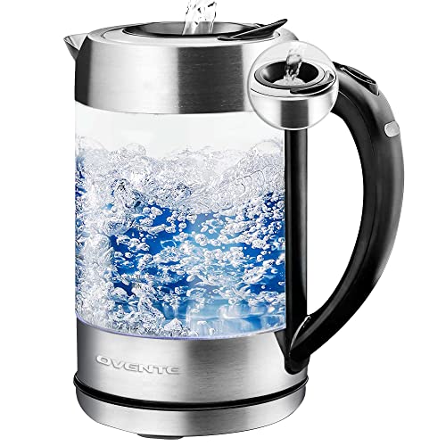 Ovente Glass Electric Kettle Hot Water Boiler 1.7 Liter ProntoFill Tech w/ Stainless Steel Filter - 1500W BPA Free Cordless Instant Water Heater Kettle for Coffee & Tea Maker - Silver KG612S