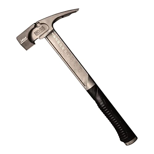 Boss Hammer Pro Series Titanium Hammer with Over-Molded No-Slip Rubber Grip - 14 oz, Construction Grade, Dual Side Nail Pullers, Smooth Faced - BH14TIS