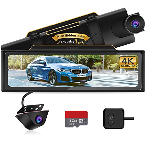 PORMIDO 4K Mirror Dash Cam, Front and Rear View Mirror Camera 11" Ultra HD Smart Digital Split Screen Waterproof Backup Car Camera Dual Sony Lens,GPS,Night Vision,Anti Glare,Parking Monitor,SD Card