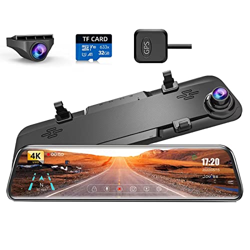 JOMISE K17 4K Mirror Dash Cam 12", Rearview Mirror Camera for Car & Trucks, 2160P Full HD,Waterproof Backup WDR Camera, Night Vision, Parking Assistance, Speed Alert, Free 32GB Card & GPS