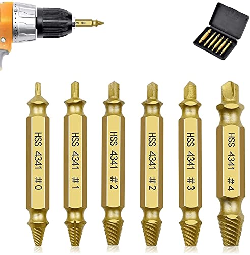 6 Pieces Gold Screw Extractor Kit, Damaged Screw Extractor Kit HSS 4341 High Speed Steel Damaged and Stripped Screw Remover Tool and Drill Bit Set, Broken or Stripped Screws