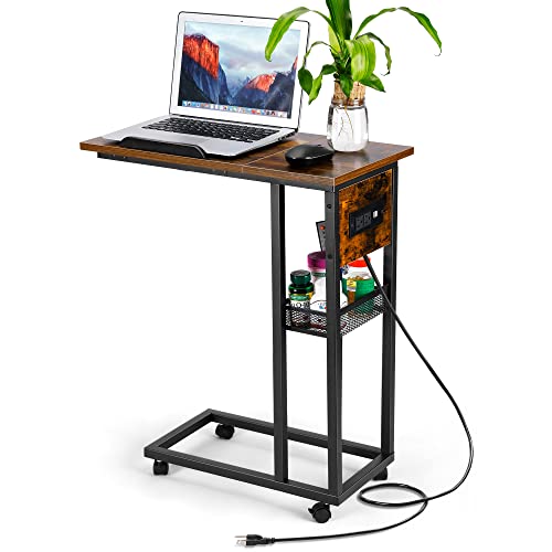 ORGXpert C Shaped End Table with USB Ports and Outlets, Narrow Side Table with Ergonomic Height Adjustable Laptop Stand,Side Table with Charging Stati