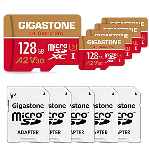 Gigastone 128GB 5-Pack Micro SD Card, Game Pro, A2 V30, 4K Video Recording, Nintendo-Switch Compatible, R/W up to 100/50MB/s, Micro SDXC UHS-I Class 10