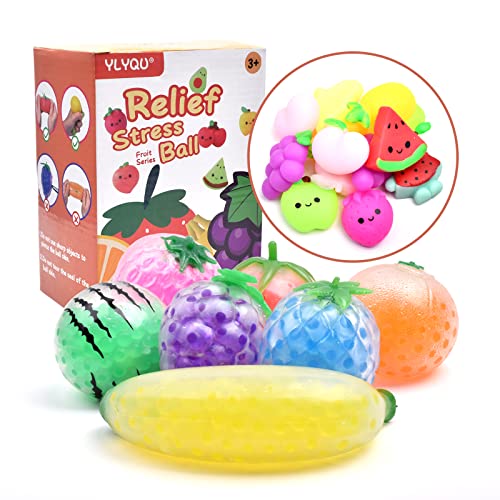 Fruit Squishy Balls Fruit Water Bead Filled Squeeze Stress Balls Fruit Sensory Stress Mini Ball Toy - Promote Stress Relief, Calm Focus - Kids and Adults(7 Fruits Stress Ball +12 Random Fruits Mochi)