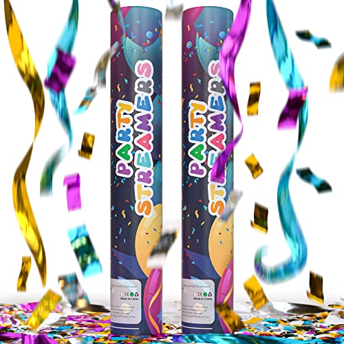 2 Pack No MESS New Years Eve Streamer Confetti Cannon Confetti Poppers | Shiny Multicolor Streamers | TUR Party Supplies | Launches Up to 25ft | Giant (12 in) | Party Poppers for Graduation, Birthdays, Weddings