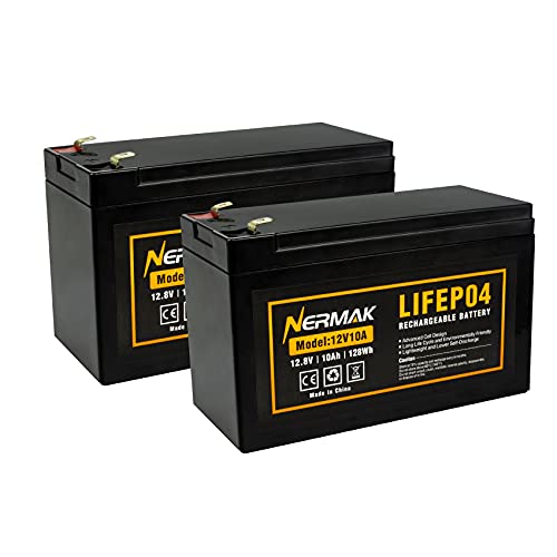 NERMAK 2 Pack 12V 10Ah Lithium Ion LiFePO4 Deep Cycle Battery, 2000+ Cycles Rechargeable Battery for Solar/Wind Power, UPS, Scooters, Lighting, Power Wheels, Fish Finder and More, Built-in 10A BMS