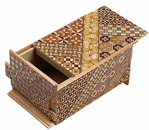 Hakone Yosegi 27 Steps, Japanese Decorative Box, wooden puzzle box, brain-teaser box, prepaid debit cards, secret box, hidden compartments for children and adults, comes with a gift box (6in, Natural)