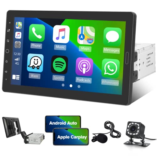 Apple Carplay Car Stereo 10.1 Inch Adjustable Removable Single Din Touch Screen Car Radio Android Auto Mirror Link Bluetooth FM Car Audio Play Support TF AUX USB SWC DVR + Microphone + Backup Camera