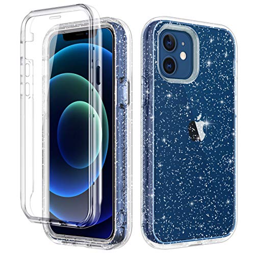 LONTECT Compatible with iPhone 12 Case and iPhone 12 Pro Case 6.1 inch 2020 with Built-in Screen Protector Clear Glitter Sparkly Rugged Shockproof Hybrid Full Body Protective Case Cover