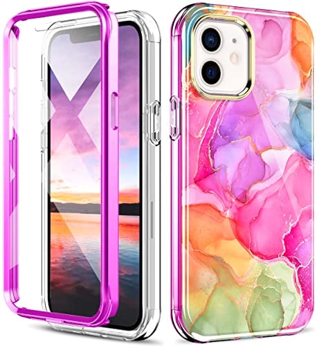 Hocase for iPhone 12 Case/iPhone 12 Pro Case, (with Built-in Screen Protector & Lanyard) Shockproof Slim Soft TPU+Hard PC Full Body Protective Case for iPhone 12/12 Pro 6.1" 2020 - Purple Meets Pink