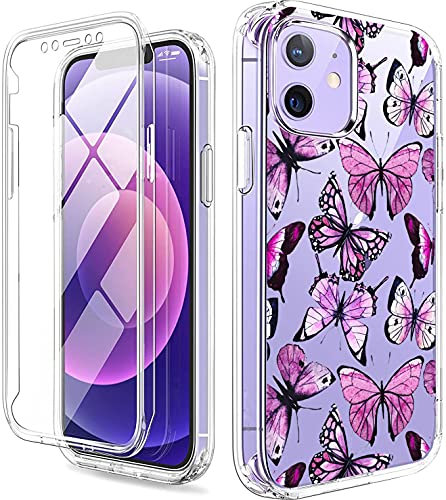 YiYiYaYa for iPhone 12,iPhone 12 Pro Case with Built in Screen Protector, Full Body Clear Floral Pattern for Girls Women, Shockproof Case for iPhone 12 iPhone 12 Pro (Purple Butterflies Floral)
