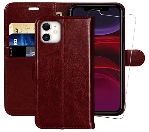 MONASAY Wallet Case for iPhone 12 Mini 5G 5.4-inch,[Glass Screen Protector Included] [RFID Blocking] Flip Folio Leather Cell Phone Cover with Credit Card Holder for Apple 12 Mini, Burgundy