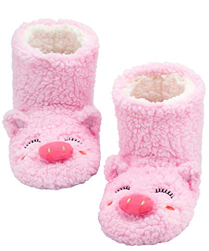 Panda Bros Slipper Socks for Women Cozy Warm Lined Fuzzy Sock Slippers Indoor Booties with Non Slip Grippers(pink pig,8-10)