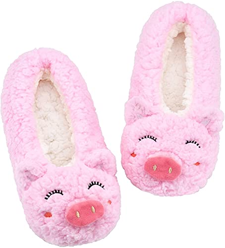 Panda Bros Womens Cozy&Warm Animal Slipper Socks with Grippers-House SocksPink Pig,5-7.5