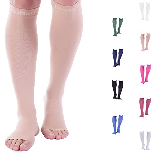 Doc Miller Open Toe Compression Socks Women and Men, Toeless Compression Socks Women, Support Circulation Shin Splints and Calf Recovery, Varicose Veins, 1 Pair Skin Knee High, Medium, 20-30mmHg