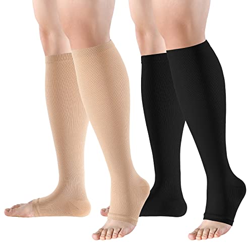 bropite Open Toe Compression Socks - 2 Pairs Knee High Toeless Compression Socks for Women and Men