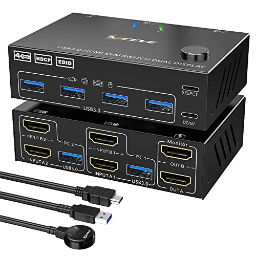 USB 3.0 KVM Switch Dual Monitor HDMI 4K@60Hz, 2K@144Hz AOOCOO KVM Switch Extended Display 2 Computers 2 Monitors and 4 USB 3.0 Ports with Simulation EDID,Wired Controller,HDMI2.0+USB3.0 Cables(1.5M)