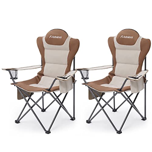 Aohanoi Camping Chairs, Outdoor Folding Chairs 2 Pack for Heavy People, Folding Chairs for Outside, Camp Chairs with Cup Holder & Cooler Bag, Supports up to 300lbs (2 Pcs, Khaki)